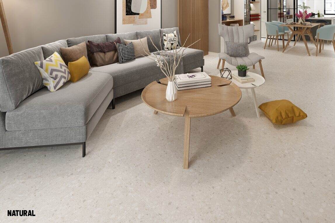Indoor wall and floor Terrazzo look tile with brown furniture decoration
