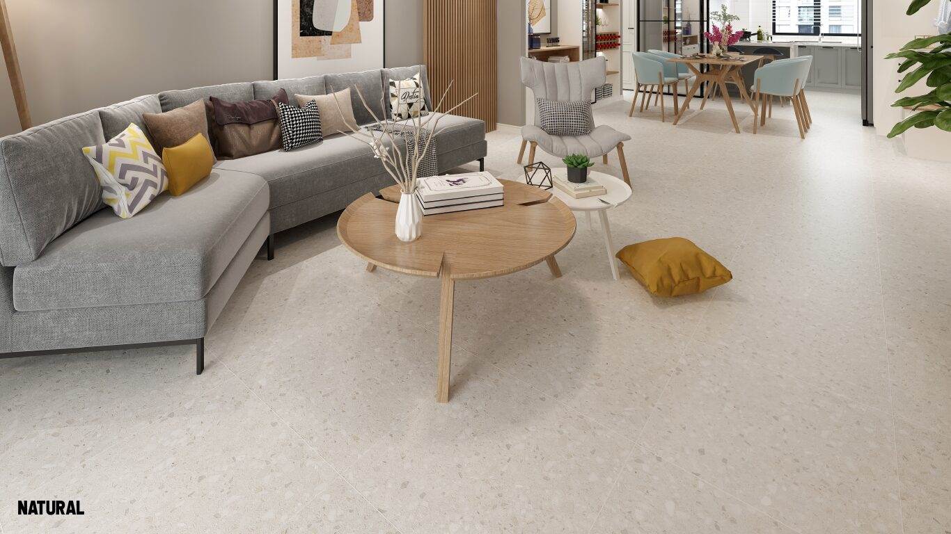 Indoor wall and floor Terrazzo look tile with brown furniture decoration
