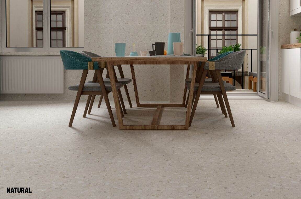Indoor wall and floor Terrazzo look tile with timber dinning furniture decoration