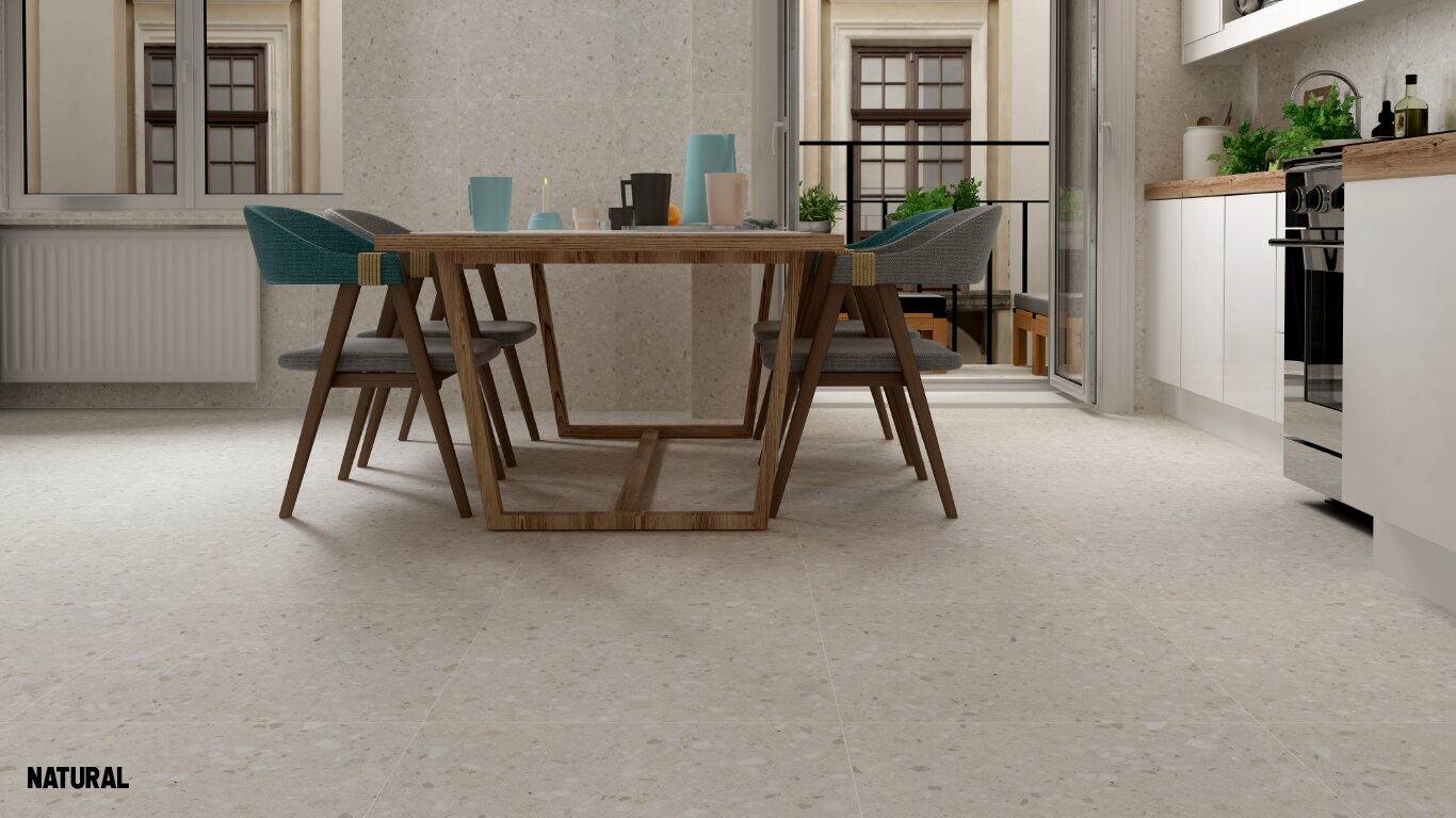 Indoor wall and floor Terrazzo look tile with timber dinning furniture decoration