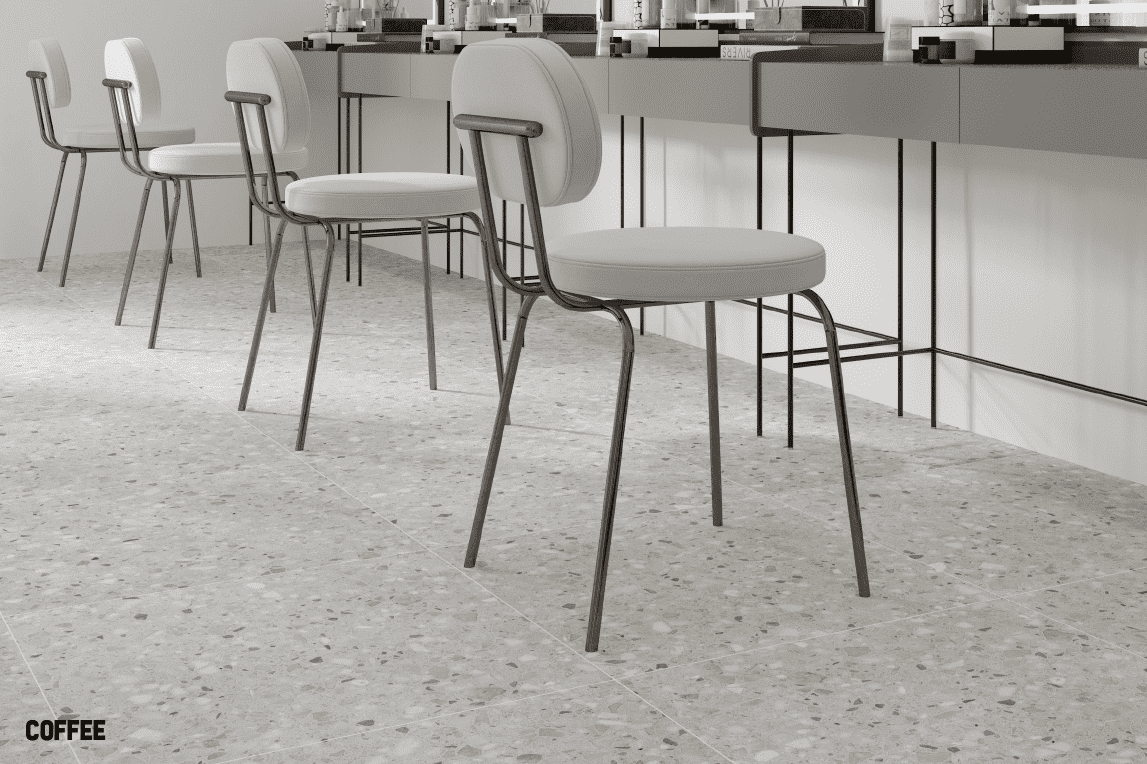 Indoor wall and floor Terrazzo look tile with black and grey furniture decoration