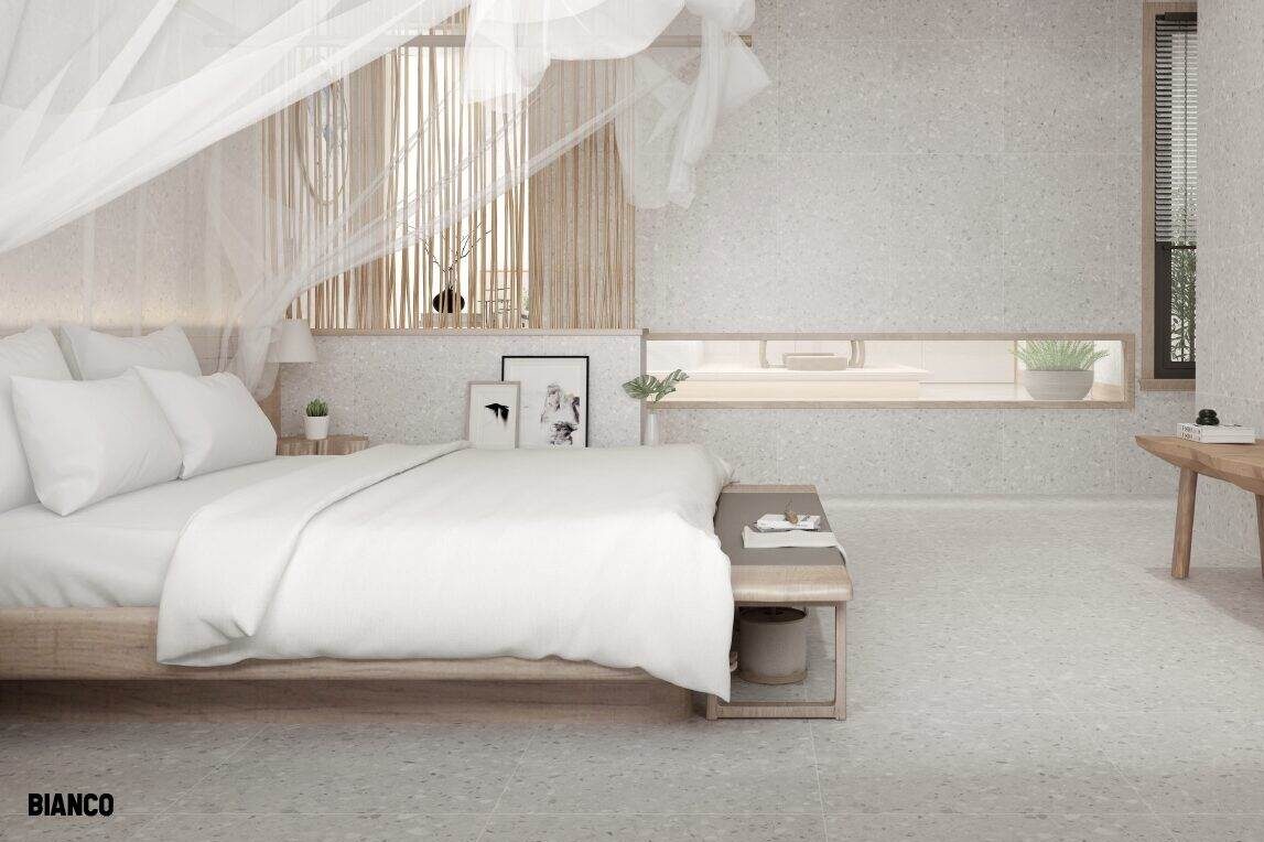 Indoor wall and floor Terrazzo look tile with white and timber furniture decoration