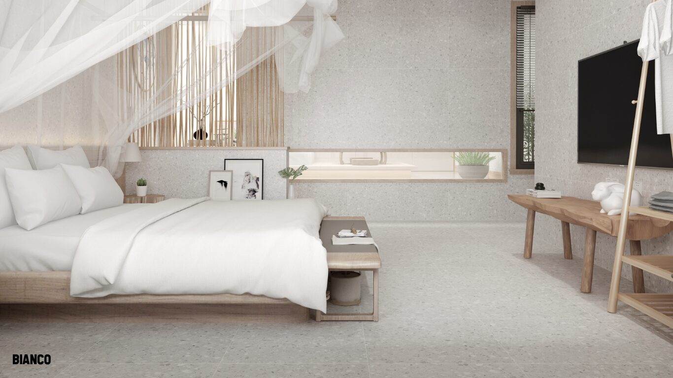 Indoor wall and floor Terrazzo look tile with white and timber furniture decoration