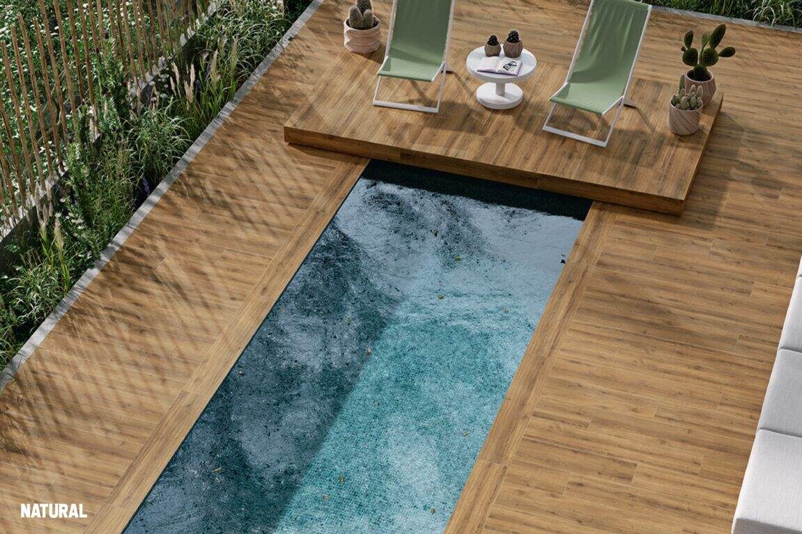 external design with pool and timber look porcelain tile