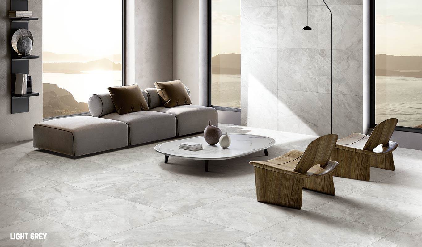 Stone-look porcelain flooring combines aesthetics with durability.