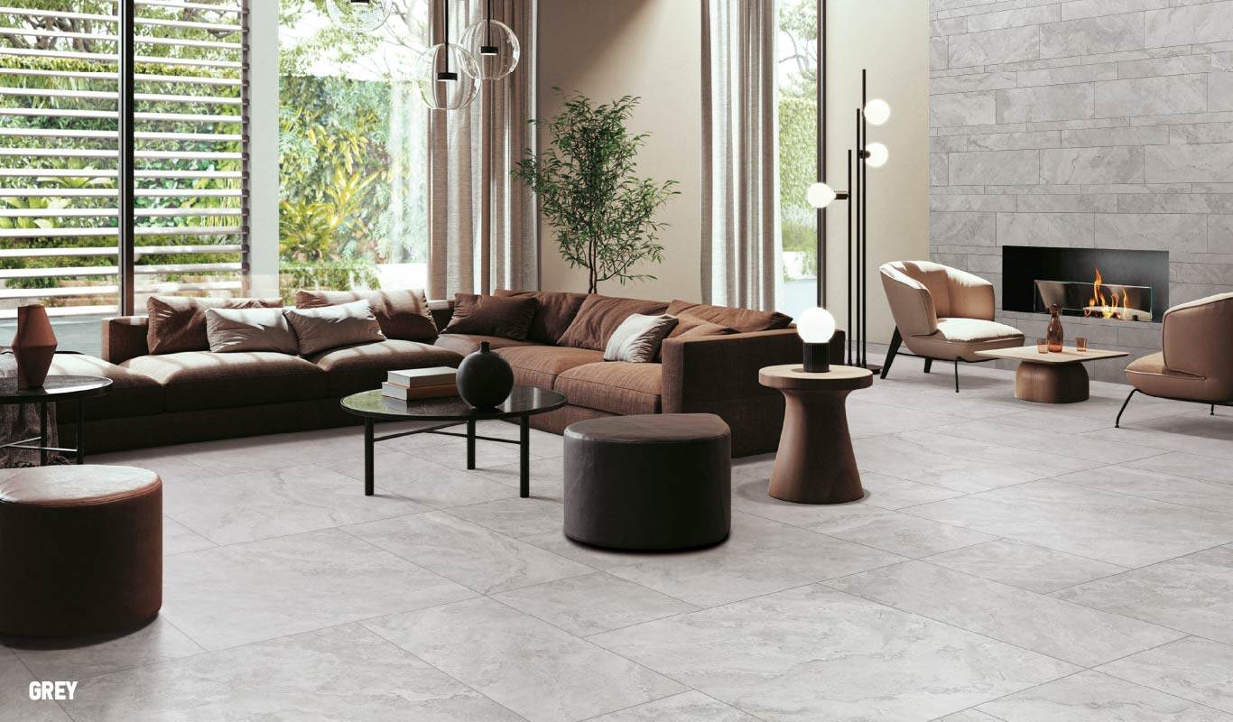 Stone-look porcelain tiles deliver the elegance of natural stone.