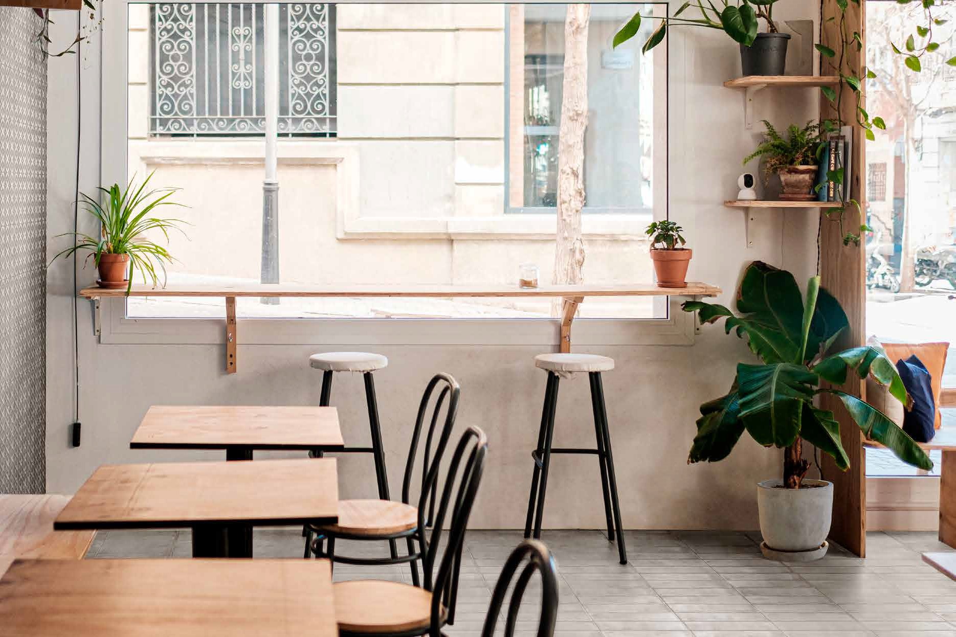 Modern empty cafe with tables and chairs in front of a large window and indoor plants