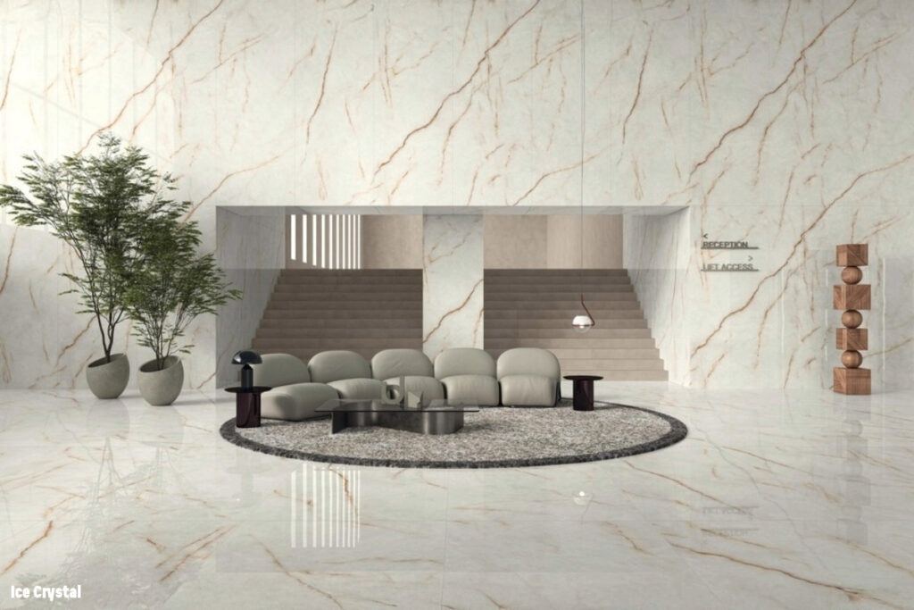 beige marble look tiles in a setting with sofas and round carpet