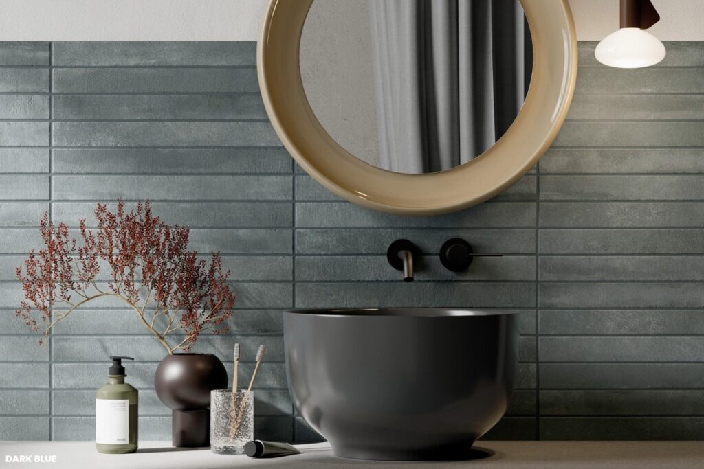 kitchen tiles, with sink and mirror, dark blue tiles