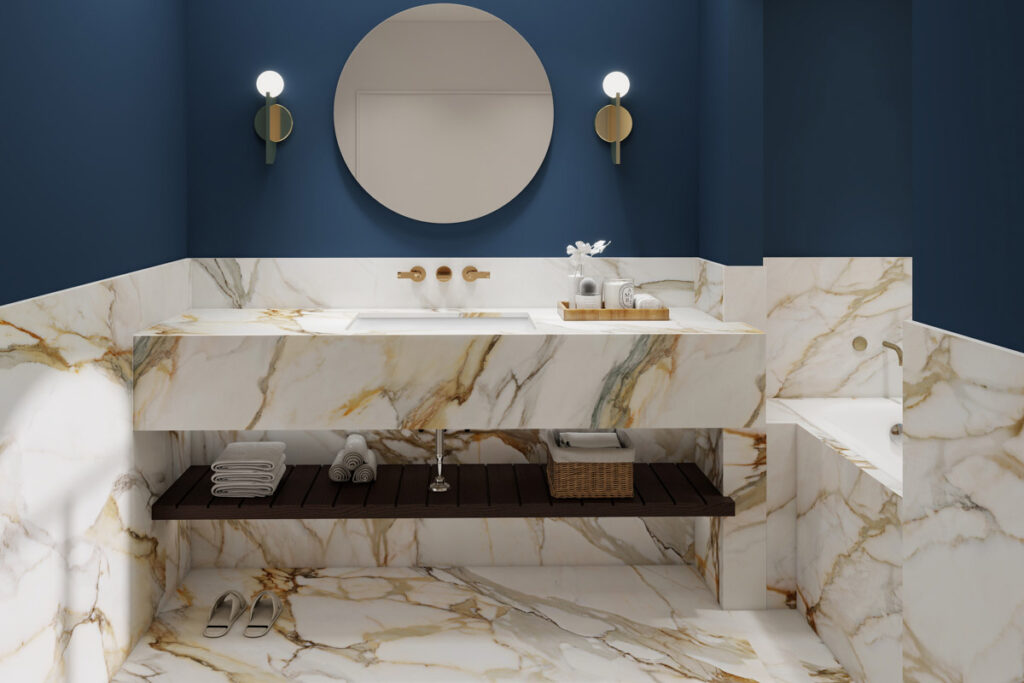 marble look tiles with blue  walls and mirror
